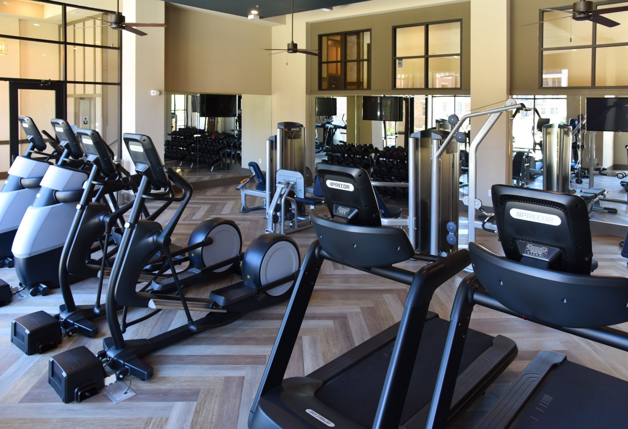 Cardio equipment including ellipticals, stair steppers, and treadmills inside large apartment fitness center